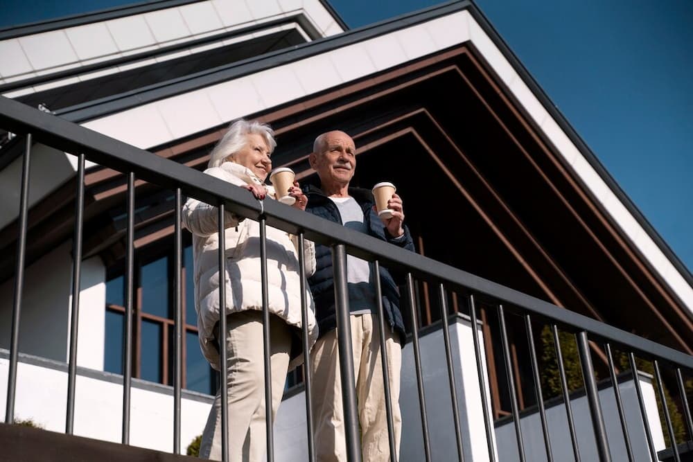 Pareja de adultos mayores sonriente frente a su casa