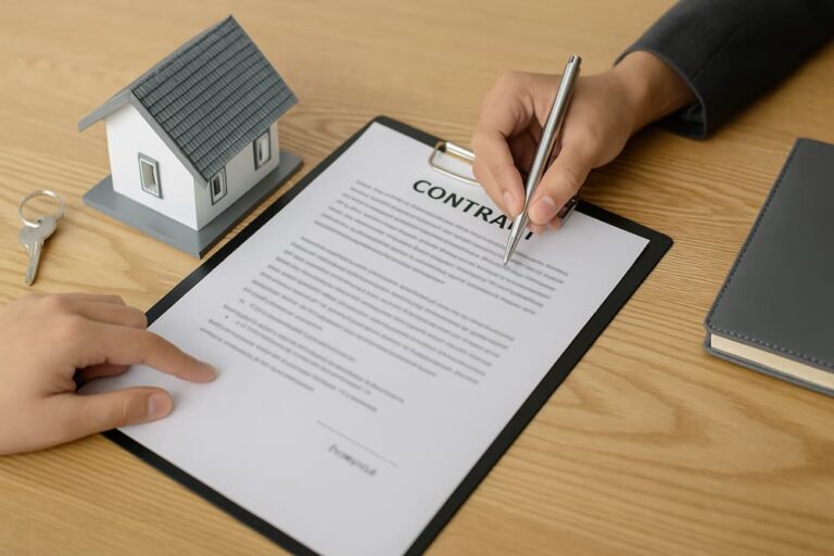 Firma de escritura de propiedad con llaves y maqueta de casa