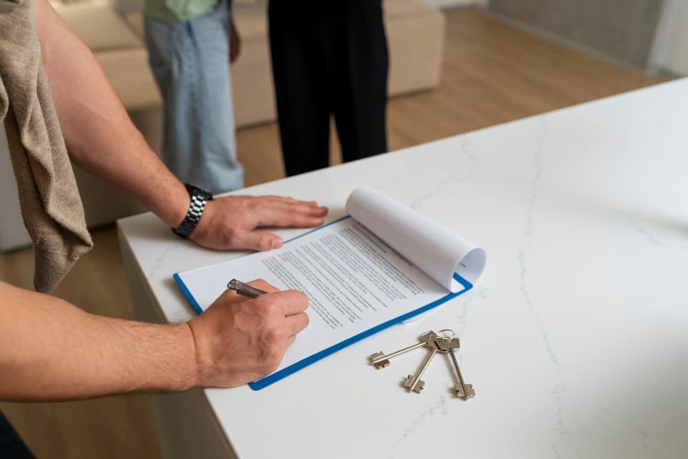Persona firmando escritura de una casa
