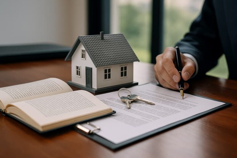 Expediente de dominio con firma de contrato y llaves de propiedad