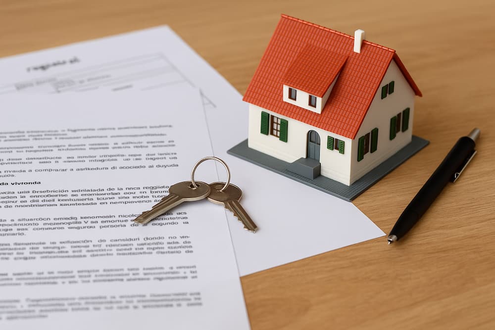 Modelo de casa con llaves y documentos de propiedad
